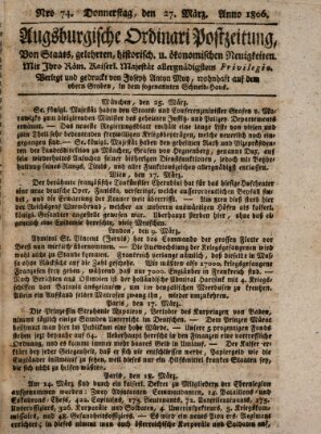 Augsburgische Ordinari Postzeitung von Staats-, gelehrten, historisch- u. ökonomischen Neuigkeiten (Augsburger Postzeitung) Donnerstag 27. März 1806