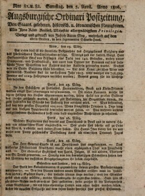 Augsburgische Ordinari Postzeitung von Staats-, gelehrten, historisch- u. ökonomischen Neuigkeiten (Augsburger Postzeitung) Samstag 5. April 1806