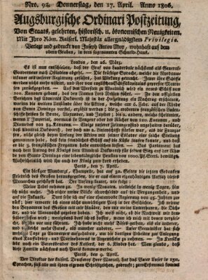 Augsburgische Ordinari Postzeitung von Staats-, gelehrten, historisch- u. ökonomischen Neuigkeiten (Augsburger Postzeitung) Donnerstag 17. April 1806