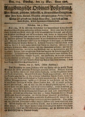 Augsburgische Ordinari Postzeitung von Staats-, gelehrten, historisch- u. ökonomischen Neuigkeiten (Augsburger Postzeitung) Dienstag 13. Mai 1806