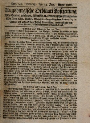 Augsburgische Ordinari Postzeitung von Staats-, gelehrten, historisch- u. ökonomischen Neuigkeiten (Augsburger Postzeitung) Montag 23. Juni 1806