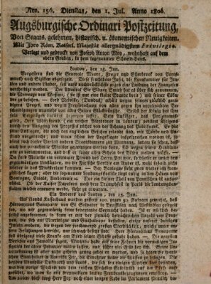 Augsburgische Ordinari Postzeitung von Staats-, gelehrten, historisch- u. ökonomischen Neuigkeiten (Augsburger Postzeitung) Dienstag 1. Juli 1806