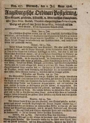 Augsburgische Ordinari Postzeitung von Staats-, gelehrten, historisch- u. ökonomischen Neuigkeiten (Augsburger Postzeitung) Mittwoch 2. Juli 1806