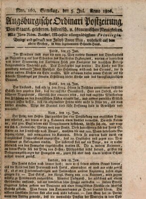 Augsburgische Ordinari Postzeitung von Staats-, gelehrten, historisch- u. ökonomischen Neuigkeiten (Augsburger Postzeitung) Samstag 5. Juli 1806