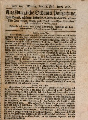 Augsburgische Ordinari Postzeitung von Staats-, gelehrten, historisch- u. ökonomischen Neuigkeiten (Augsburger Postzeitung) Montag 14. Juli 1806