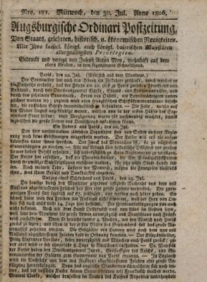 Augsburgische Ordinari Postzeitung von Staats-, gelehrten, historisch- u. ökonomischen Neuigkeiten (Augsburger Postzeitung) Mittwoch 30. Juli 1806