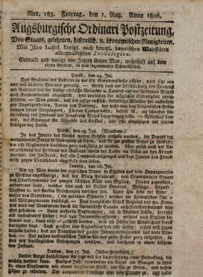 Augsburgische Ordinari Postzeitung von Staats-, gelehrten, historisch- u. ökonomischen Neuigkeiten (Augsburger Postzeitung) Freitag 1. August 1806