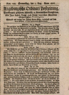 Augsburgische Ordinari Postzeitung von Staats-, gelehrten, historisch- u. ökonomischen Neuigkeiten (Augsburger Postzeitung) Donnerstag 7. August 1806