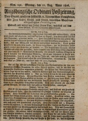 Augsburgische Ordinari Postzeitung von Staats-, gelehrten, historisch- u. ökonomischen Neuigkeiten (Augsburger Postzeitung) Montag 11. August 1806