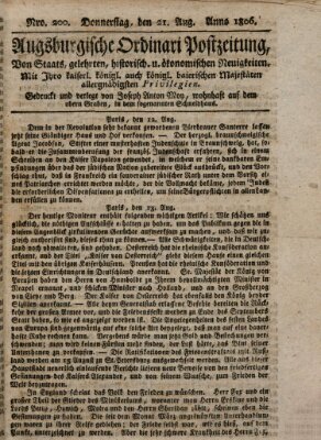 Augsburgische Ordinari Postzeitung von Staats-, gelehrten, historisch- u. ökonomischen Neuigkeiten (Augsburger Postzeitung) Donnerstag 21. August 1806