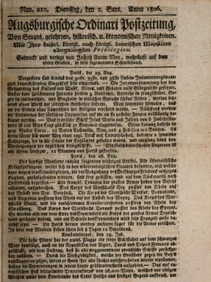 Augsburgische Ordinari Postzeitung von Staats-, gelehrten, historisch- u. ökonomischen Neuigkeiten (Augsburger Postzeitung) Dienstag 2. September 1806