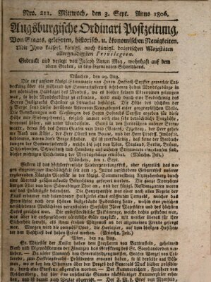 Augsburgische Ordinari Postzeitung von Staats-, gelehrten, historisch- u. ökonomischen Neuigkeiten (Augsburger Postzeitung) Mittwoch 3. September 1806