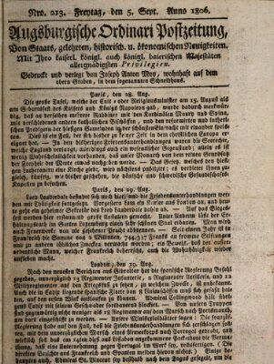 Augsburgische Ordinari Postzeitung von Staats-, gelehrten, historisch- u. ökonomischen Neuigkeiten (Augsburger Postzeitung) Freitag 5. September 1806