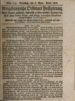 Augsburgische Ordinari Postzeitung von Staats-, gelehrten, historisch- u. ökonomischen Neuigkeiten (Augsburger Postzeitung) Samstag 6. September 1806