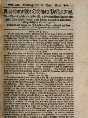 Augsburgische Ordinari Postzeitung von Staats-, gelehrten, historisch- u. ökonomischen Neuigkeiten (Augsburger Postzeitung) Dienstag 16. September 1806