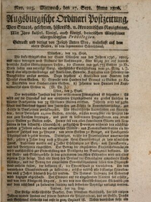 Augsburgische Ordinari Postzeitung von Staats-, gelehrten, historisch- u. ökonomischen Neuigkeiten (Augsburger Postzeitung) Mittwoch 17. September 1806