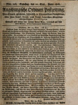 Augsburgische Ordinari Postzeitung von Staats-, gelehrten, historisch- u. ökonomischen Neuigkeiten (Augsburger Postzeitung) Samstag 20. September 1806