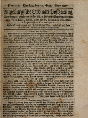 Augsburgische Ordinari Postzeitung von Staats-, gelehrten, historisch- u. ökonomischen Neuigkeiten (Augsburger Postzeitung) Dienstag 23. September 1806