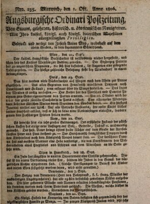 Augsburgische Ordinari Postzeitung von Staats-, gelehrten, historisch- u. ökonomischen Neuigkeiten (Augsburger Postzeitung) Mittwoch 1. Oktober 1806