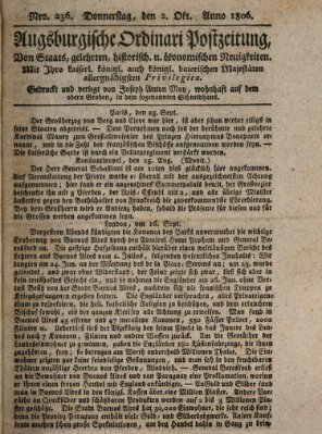 Augsburgische Ordinari Postzeitung von Staats-, gelehrten, historisch- u. ökonomischen Neuigkeiten (Augsburger Postzeitung) Donnerstag 2. Oktober 1806