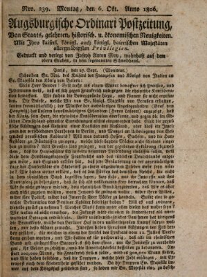 Augsburgische Ordinari Postzeitung von Staats-, gelehrten, historisch- u. ökonomischen Neuigkeiten (Augsburger Postzeitung) Montag 6. Oktober 1806