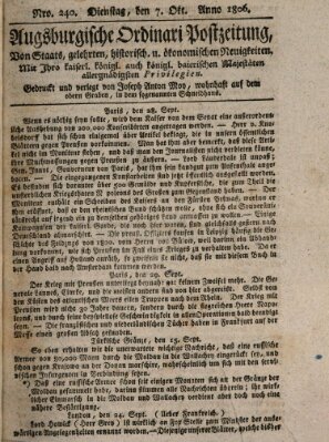 Augsburgische Ordinari Postzeitung von Staats-, gelehrten, historisch- u. ökonomischen Neuigkeiten (Augsburger Postzeitung) Dienstag 7. Oktober 1806