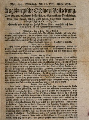 Augsburgische Ordinari Postzeitung von Staats-, gelehrten, historisch- u. ökonomischen Neuigkeiten (Augsburger Postzeitung) Samstag 11. Oktober 1806