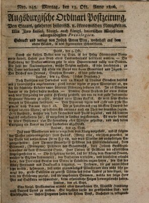 Augsburgische Ordinari Postzeitung von Staats-, gelehrten, historisch- u. ökonomischen Neuigkeiten (Augsburger Postzeitung) Montag 13. Oktober 1806