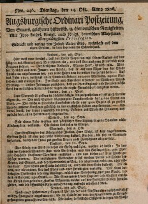 Augsburgische Ordinari Postzeitung von Staats-, gelehrten, historisch- u. ökonomischen Neuigkeiten (Augsburger Postzeitung) Dienstag 14. Oktober 1806