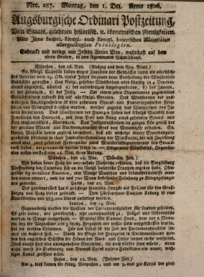 Augsburgische Ordinari Postzeitung von Staats-, gelehrten, historisch- u. ökonomischen Neuigkeiten (Augsburger Postzeitung) Montag 1. Dezember 1806