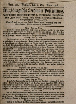 Augsburgische Ordinari Postzeitung von Staats-, gelehrten, historisch- u. ökonomischen Neuigkeiten (Augsburger Postzeitung) Freitag 5. Dezember 1806