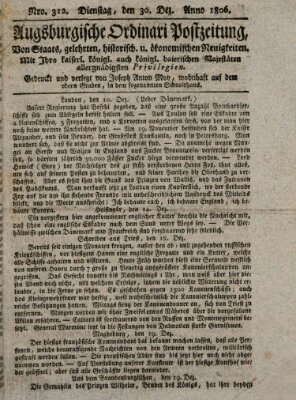 Augsburgische Ordinari Postzeitung von Staats-, gelehrten, historisch- u. ökonomischen Neuigkeiten (Augsburger Postzeitung) Dienstag 30. Dezember 1806