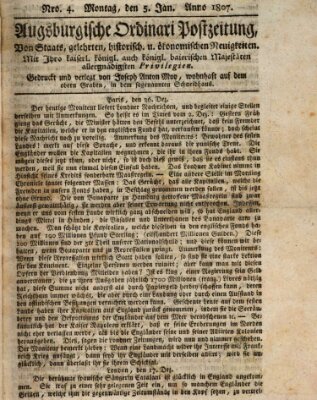 Augsburgische Ordinari Postzeitung von Staats-, gelehrten, historisch- u. ökonomischen Neuigkeiten (Augsburger Postzeitung) Montag 5. Januar 1807