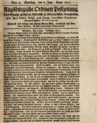 Augsburgische Ordinari Postzeitung von Staats-, gelehrten, historisch- u. ökonomischen Neuigkeiten (Augsburger Postzeitung) Dienstag 6. Januar 1807