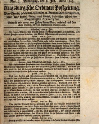 Augsburgische Ordinari Postzeitung von Staats-, gelehrten, historisch- u. ökonomischen Neuigkeiten (Augsburger Postzeitung) Donnerstag 8. Januar 1807