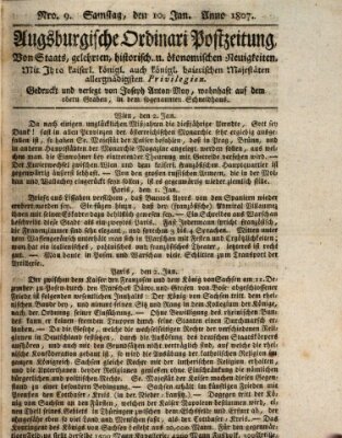 Augsburgische Ordinari Postzeitung von Staats-, gelehrten, historisch- u. ökonomischen Neuigkeiten (Augsburger Postzeitung) Samstag 10. Januar 1807