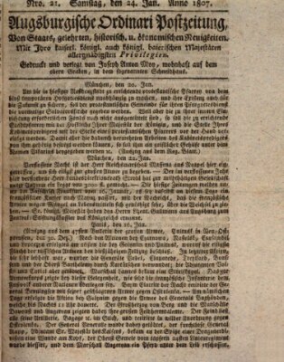 Augsburgische Ordinari Postzeitung von Staats-, gelehrten, historisch- u. ökonomischen Neuigkeiten (Augsburger Postzeitung) Samstag 24. Januar 1807