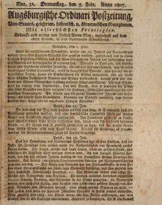 Augsburgische Ordinari Postzeitung von Staats-, gelehrten, historisch- u. ökonomischen Neuigkeiten (Augsburger Postzeitung) Donnerstag 5. Februar 1807