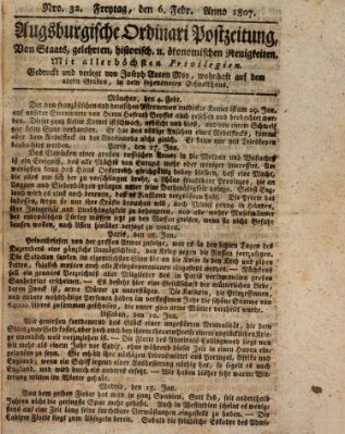 Augsburgische Ordinari Postzeitung von Staats-, gelehrten, historisch- u. ökonomischen Neuigkeiten (Augsburger Postzeitung) Freitag 6. Februar 1807