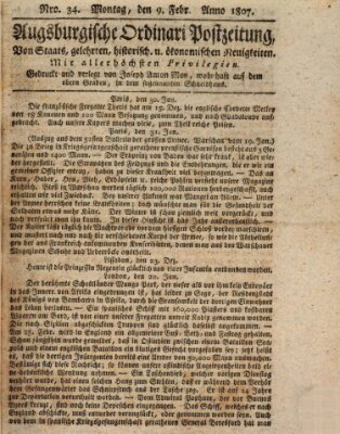 Augsburgische Ordinari Postzeitung von Staats-, gelehrten, historisch- u. ökonomischen Neuigkeiten (Augsburger Postzeitung) Montag 9. Februar 1807