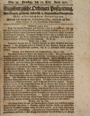 Augsburgische Ordinari Postzeitung von Staats-, gelehrten, historisch- u. ökonomischen Neuigkeiten (Augsburger Postzeitung) Dienstag 10. Februar 1807