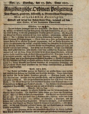 Augsburgische Ordinari Postzeitung von Staats-, gelehrten, historisch- u. ökonomischen Neuigkeiten (Augsburger Postzeitung) Dienstag 17. Februar 1807