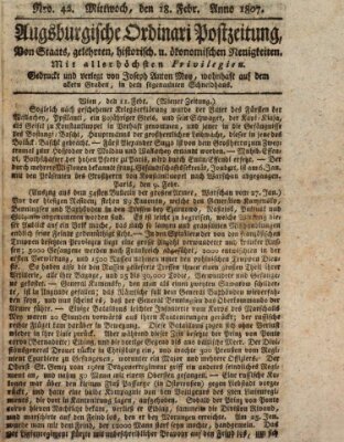 Augsburgische Ordinari Postzeitung von Staats-, gelehrten, historisch- u. ökonomischen Neuigkeiten (Augsburger Postzeitung) Mittwoch 18. Februar 1807