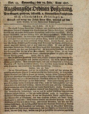 Augsburgische Ordinari Postzeitung von Staats-, gelehrten, historisch- u. ökonomischen Neuigkeiten (Augsburger Postzeitung) Donnerstag 19. Februar 1807