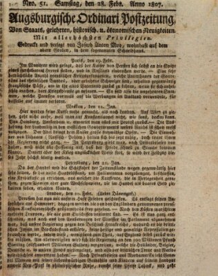 Augsburgische Ordinari Postzeitung von Staats-, gelehrten, historisch- u. ökonomischen Neuigkeiten (Augsburger Postzeitung) Samstag 28. Februar 1807