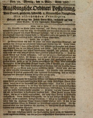 Augsburgische Ordinari Postzeitung von Staats-, gelehrten, historisch- u. ökonomischen Neuigkeiten (Augsburger Postzeitung) Montag 2. März 1807