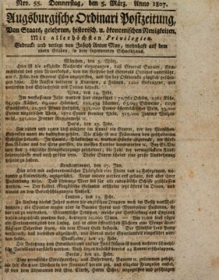 Augsburgische Ordinari Postzeitung von Staats-, gelehrten, historisch- u. ökonomischen Neuigkeiten (Augsburger Postzeitung) Donnerstag 5. März 1807