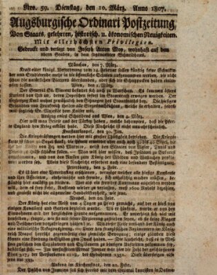 Augsburgische Ordinari Postzeitung von Staats-, gelehrten, historisch- u. ökonomischen Neuigkeiten (Augsburger Postzeitung) Dienstag 10. März 1807