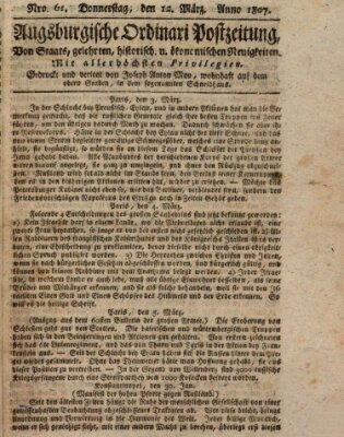 Augsburgische Ordinari Postzeitung von Staats-, gelehrten, historisch- u. ökonomischen Neuigkeiten (Augsburger Postzeitung) Donnerstag 12. März 1807