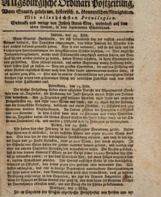 Augsburgische Ordinari Postzeitung von Staats-, gelehrten, historisch- u. ökonomischen Neuigkeiten (Augsburger Postzeitung) Samstag 21. März 1807